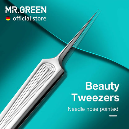 MR.GREEN needle-nose pointed tweezers, 304 stainless with anti-slip textured handle for precise ingrown hair and splinter removal.