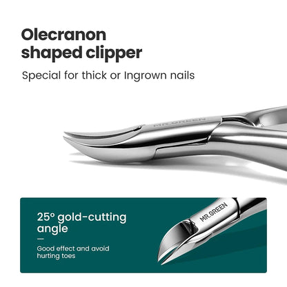 MR.GREEN Olekranon-Nagelzange mit ca. 25° Schneidwinkel für dicke oder eingewachsene Nägel; gebogene Spitze für präzise Schnitte.