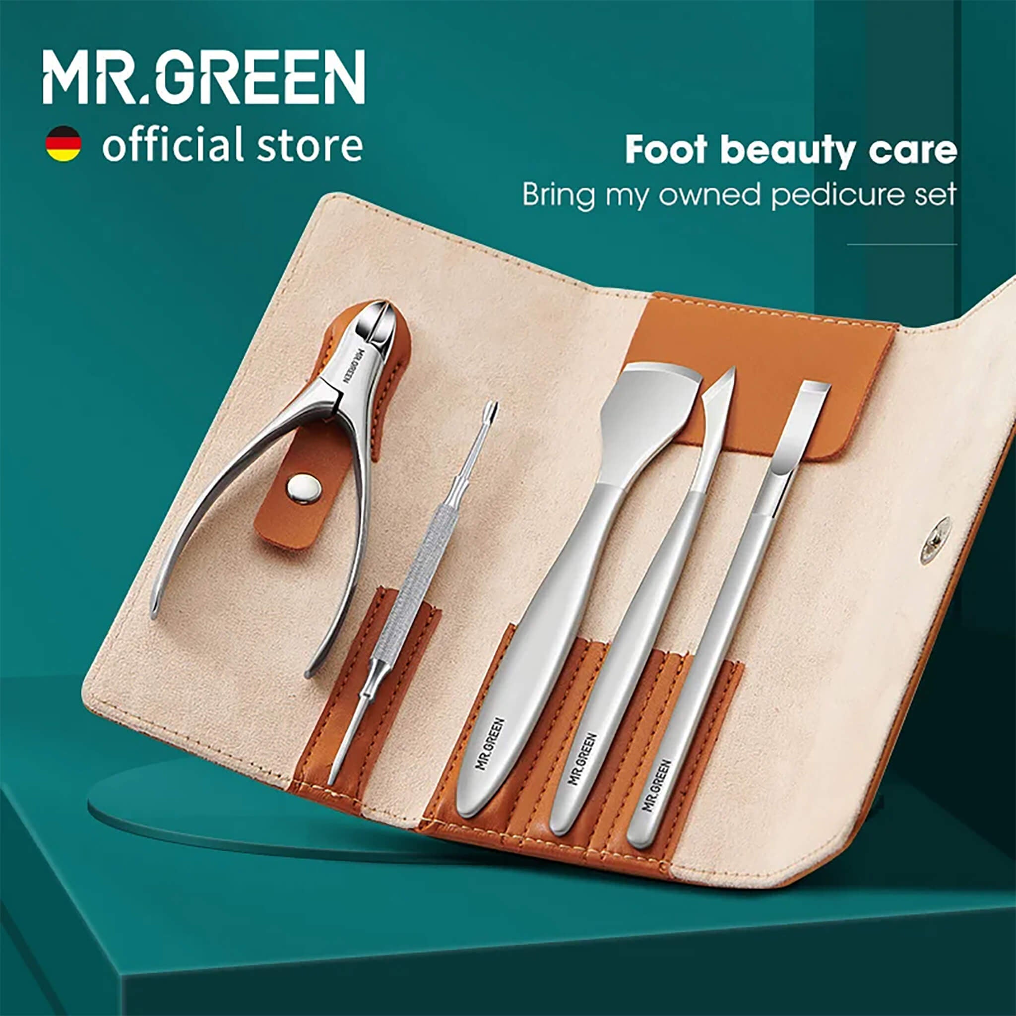 MR.GREEN pedicure kit open leather case with surgical stainless steel tools for callus, cuticle and ingrown toenails.