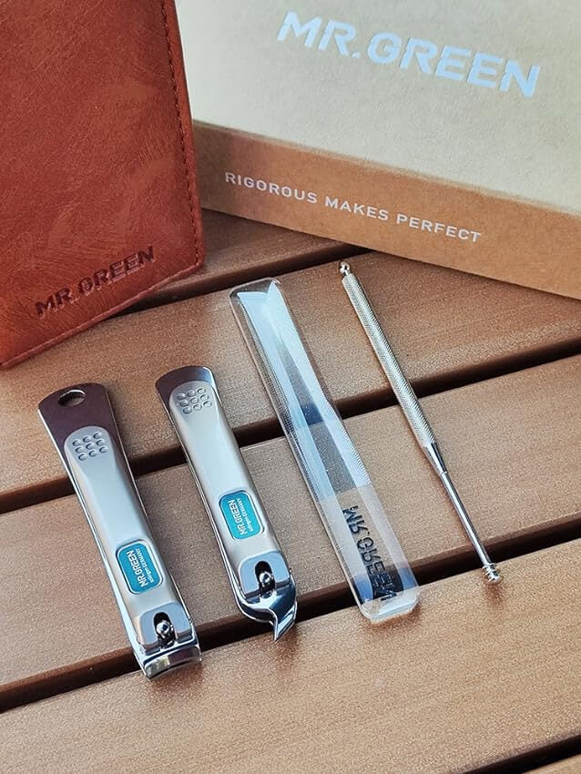 MR.GREEN portable manicure set with brown leather case, two stainless steel nail clippers, glass nail file and nail cleaner — compact travel grooming kit