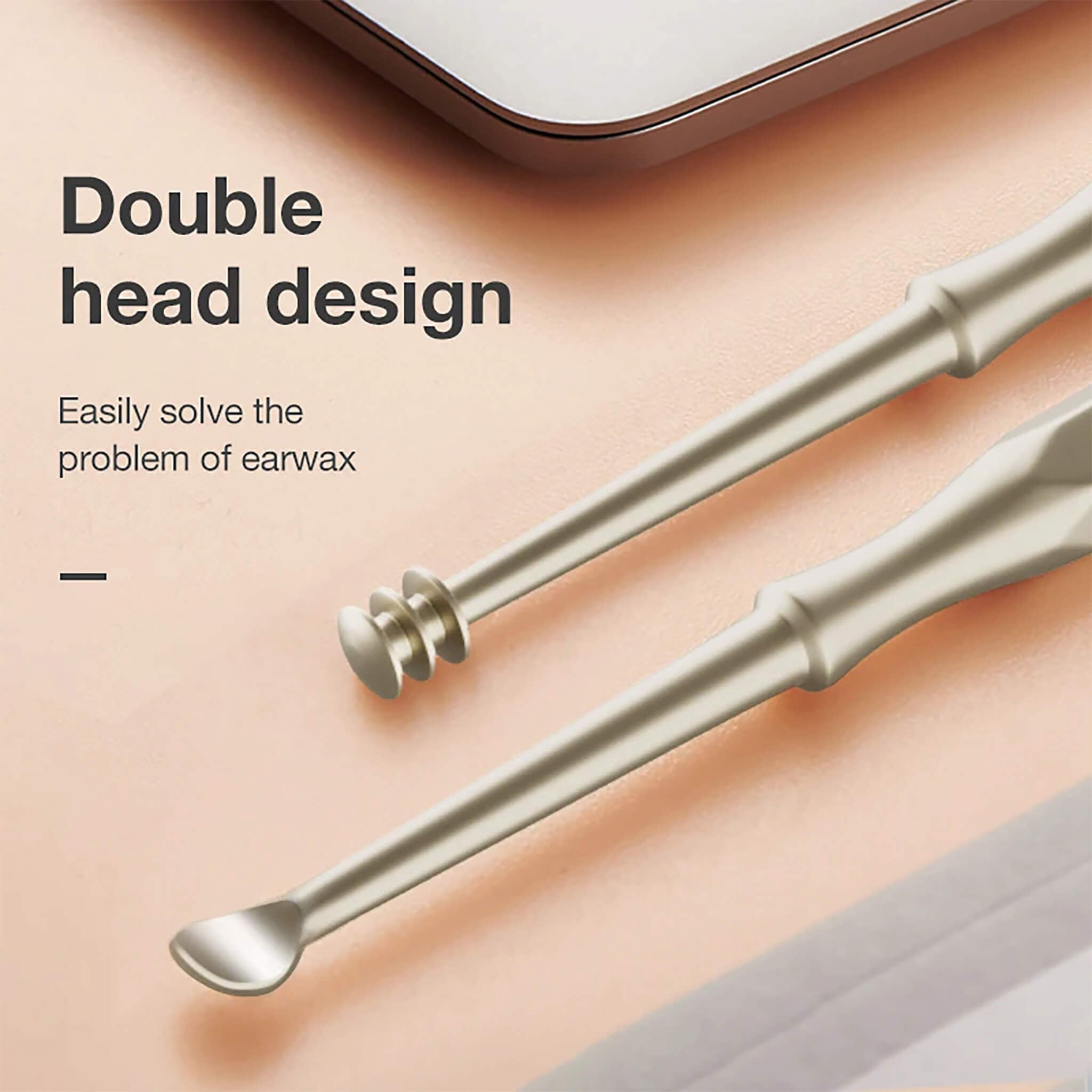 MR.GREEN removedor de cera dupla ponta em aço inox com ponta espiral 360° e colher arredondada para limpeza segura.