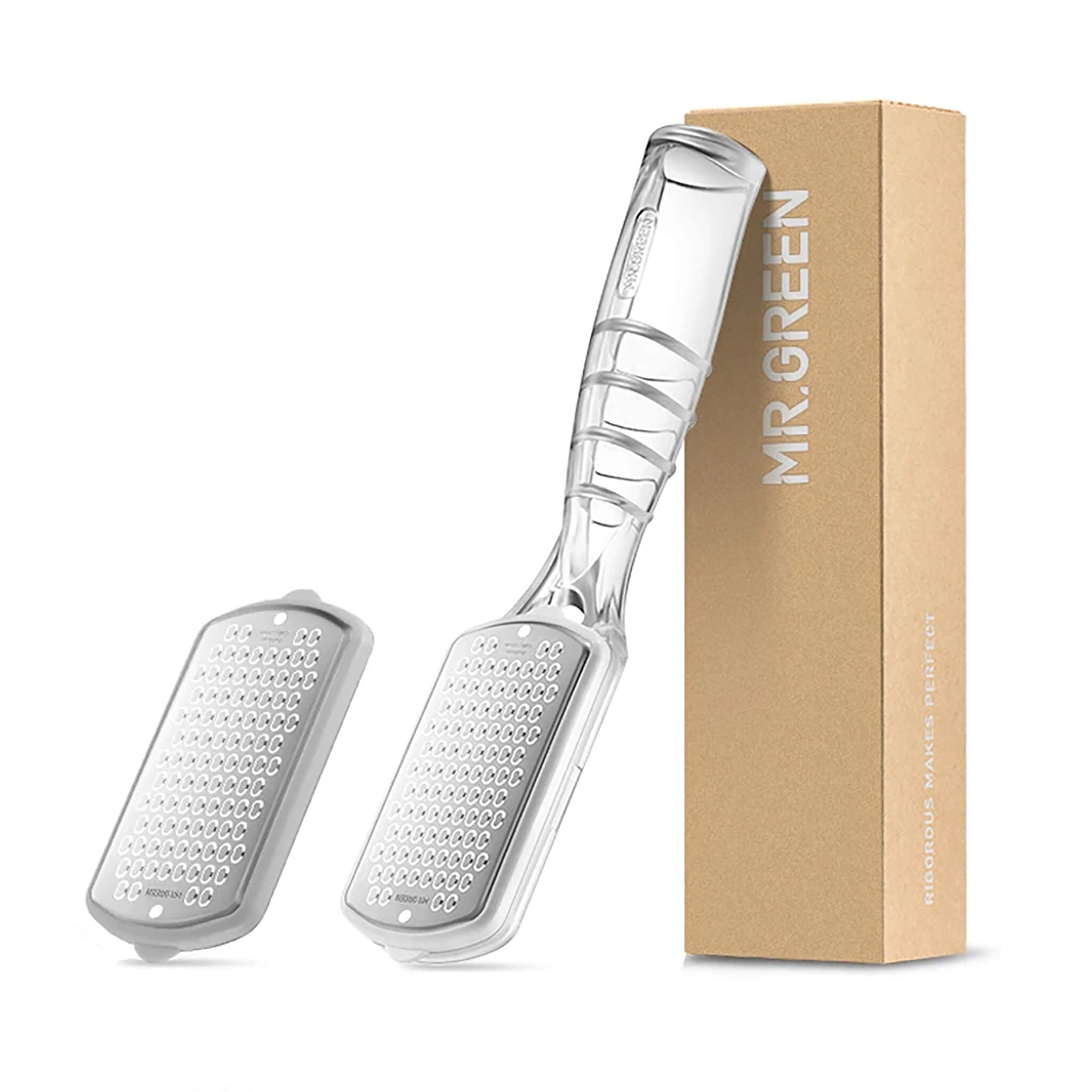 MR.GREEN foot file set with two replaceable stainless micro-blade heads and gift box for heel callus removal.