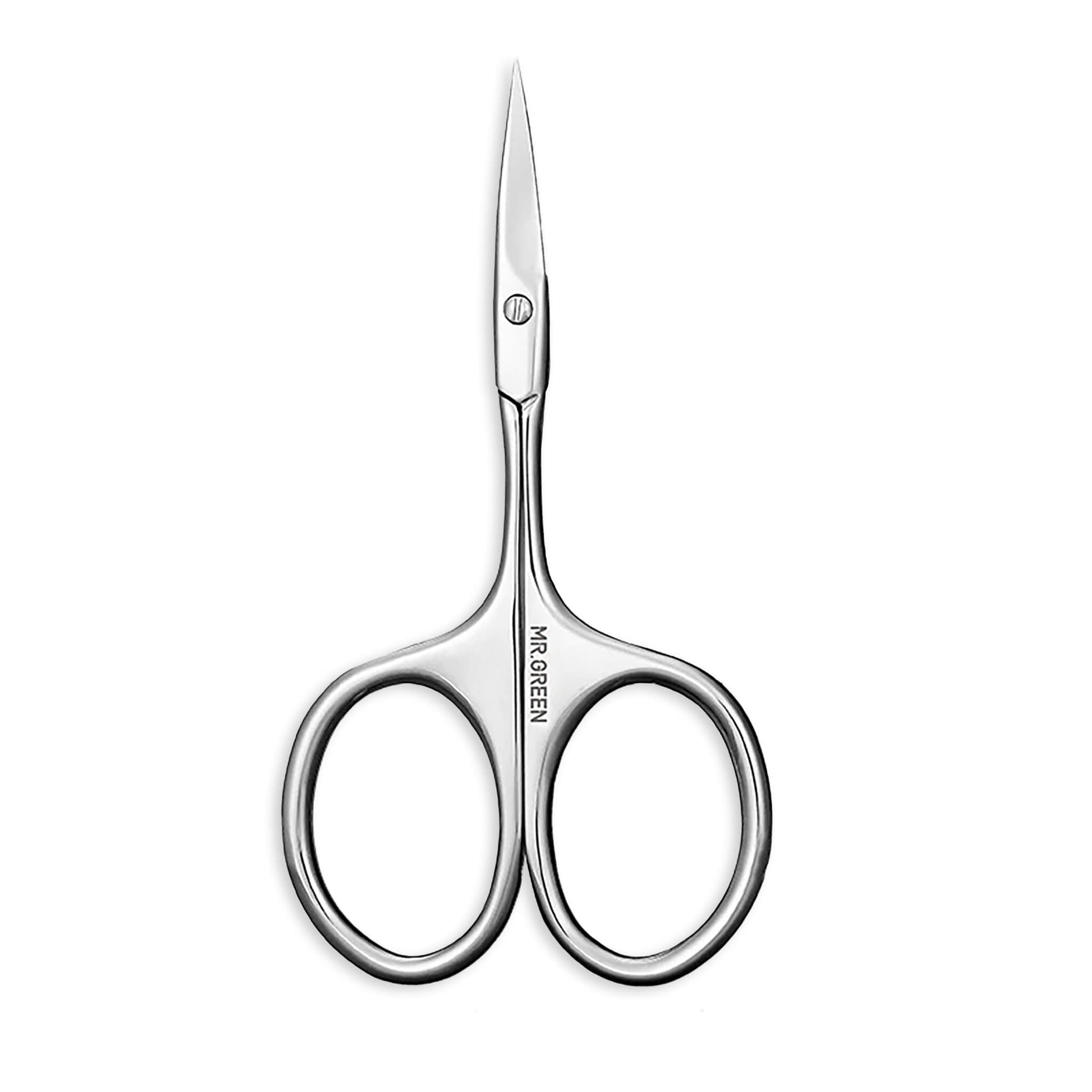 MR.GREEN stainless steel curved eyebrow scissors, sharp fine-tip blades; clean white product photo.