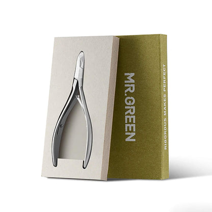 MR.GREEN stainless steel cuticle nipper in premium gift box with logo; clean retail packaging packshot on a white background.