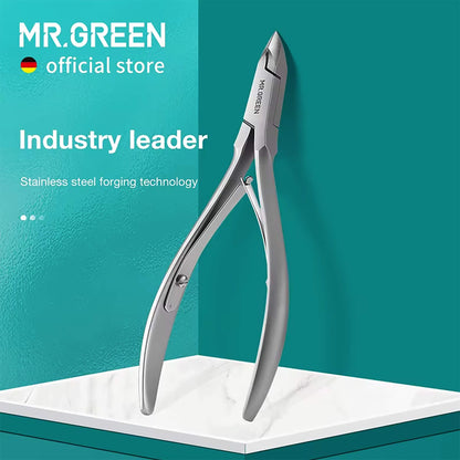 MR.GREEN stainless steel cuticle nipper on a teal pedestal; forged build, ergonomic spring and 5mm slant blade for precise dead skin removal.