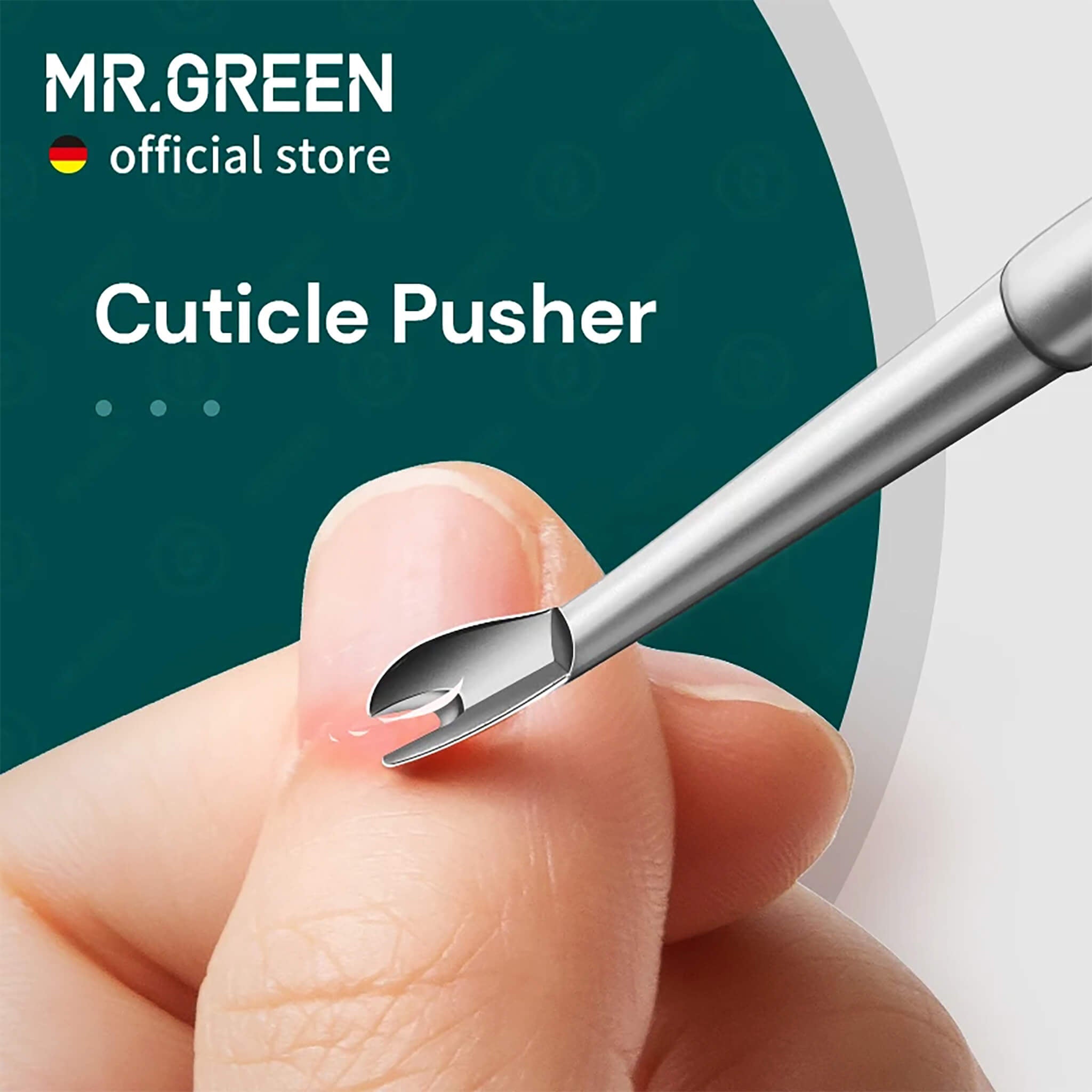 MR.GREEN stainless steel cuticle pusher with U-shaped tip lifting cuticle for clean nail prep, teal hero image.