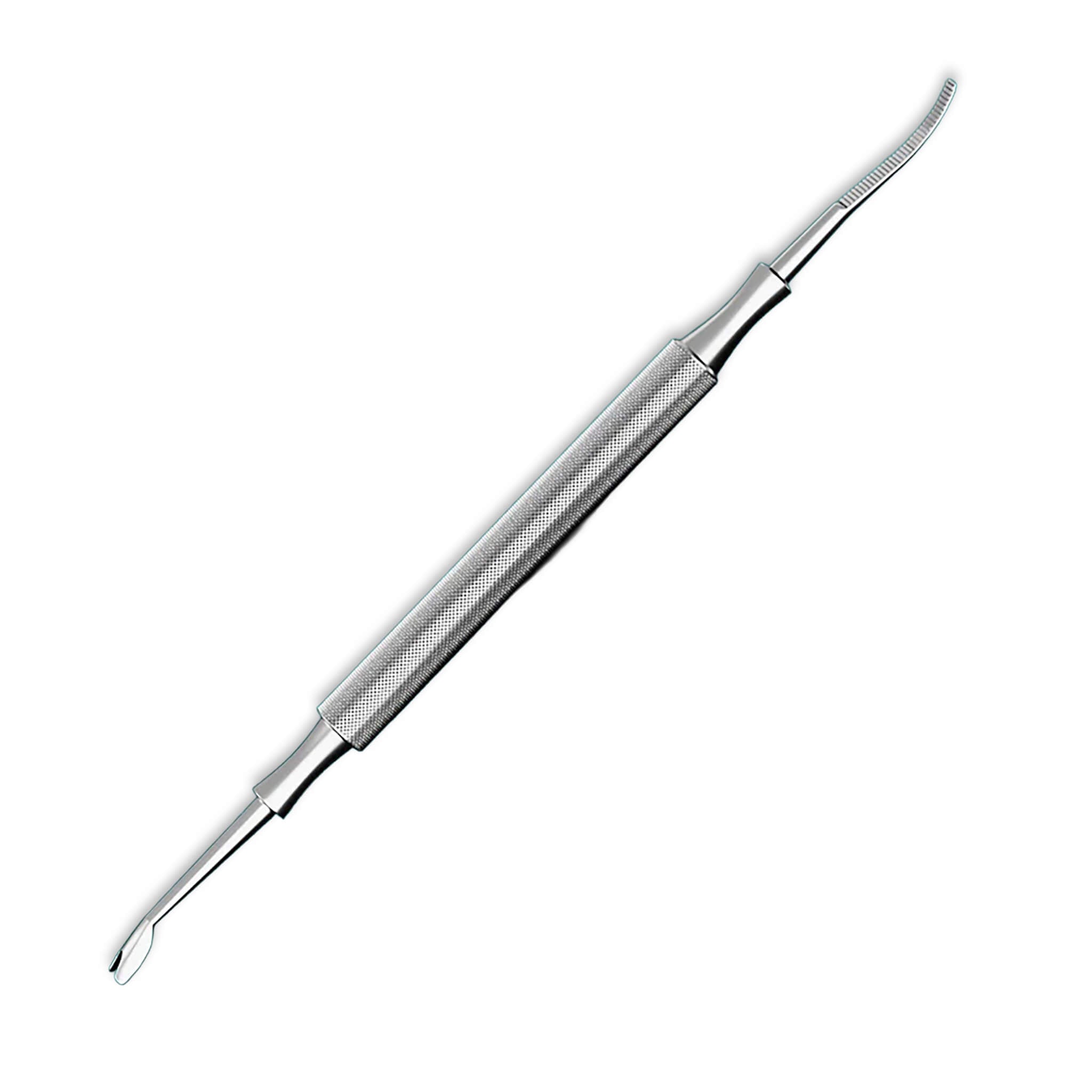 MR.GREEN stainless steel double-ended nail tool with U-shaped cuticle pusher and curved micro-serrated cleaner, knurled anti-slip handle.