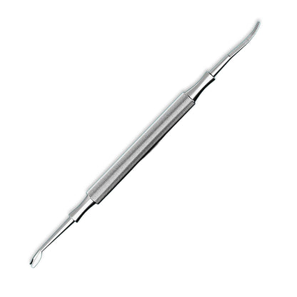 MR.GREEN stainless steel double-ended nail tool with U-shaped cuticle pusher and curved micro-serrated cleaner, knurled anti-slip handle.