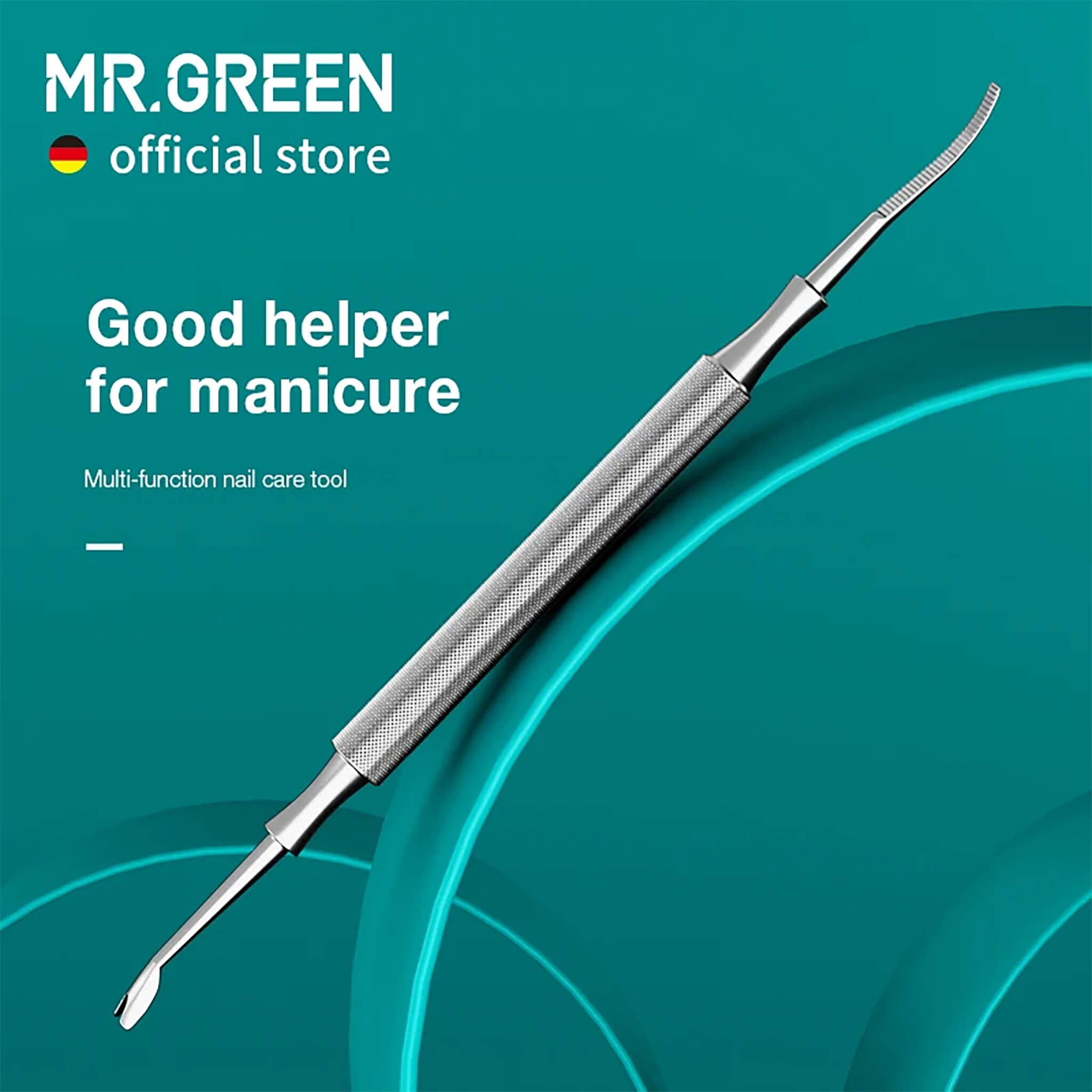 MR.GREEN multi-function nail care tool, double-ended stainless steel with U-shaped cuticle pusher and curved serrated cleaner on teal.