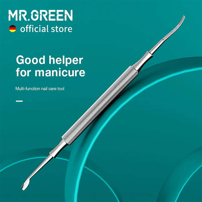 MR.GREEN multi-function nail care tool, double-ended stainless steel with U-shaped cuticle pusher and curved serrated cleaner on teal.