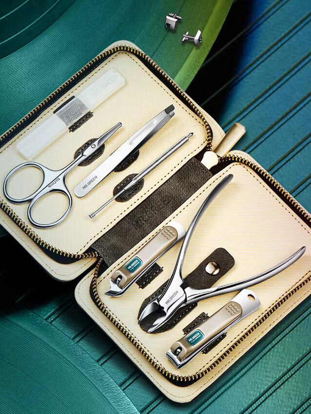 MR.GREEN stylish manicure set in cream zip case with stainless steel clippers, nipper, scissors, tweezers, nail cleaner and glass nail file — travel grooming kit