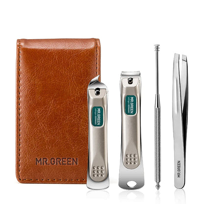 MR.GREEN tragbares Maniküre-Set mit Lederetui: zwei Nagelknipser, Pinzette und Reinigungswerkzeug aus Edelstahl – Reise-Kit