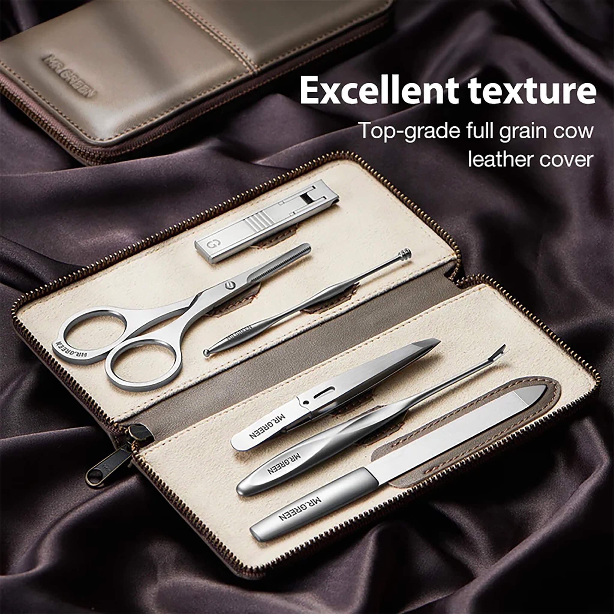 Set de manicura de lujo MR.GREEN con funda de cuero de vaca de grano completo y herramientas de acero inoxidable, listo para regalo.