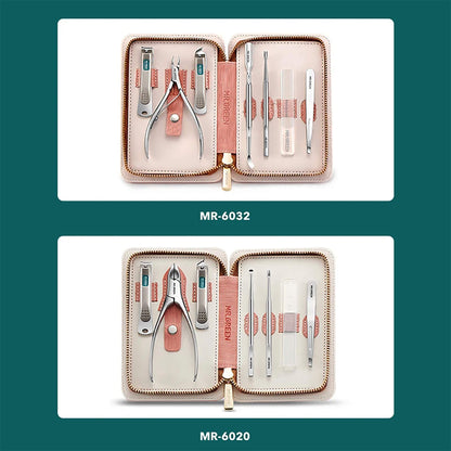 Set de manicura MR.GREEN en estuche rosa; comparación MR-6032 vs MR-6020 con herramientas de acero inoxidable organizadas.
