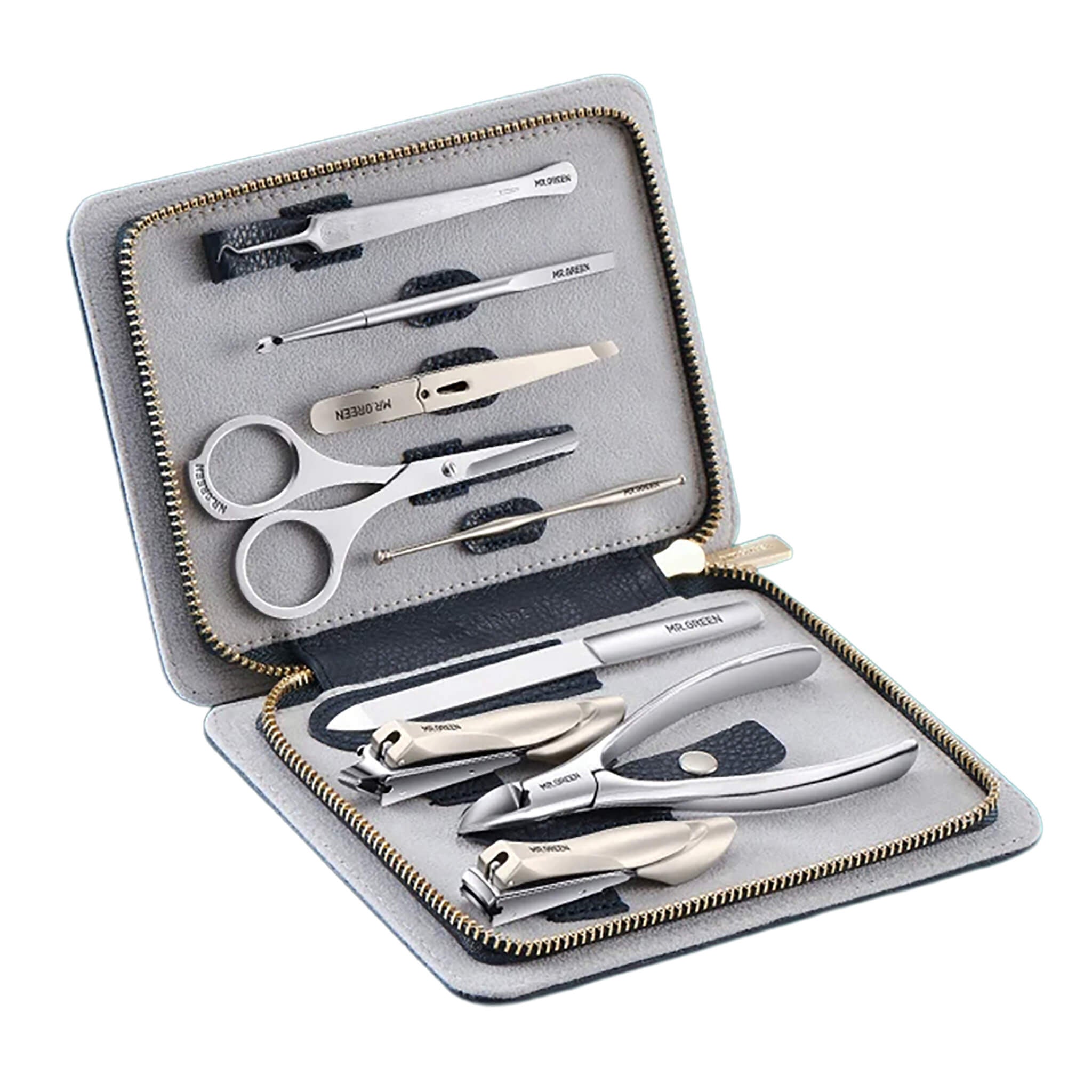 Set de manicura MR.GREEN Innate Luxury en estuche de cuero gris con cortaúñas, alicate, tijeras, pinzas, cureta y lima de acero quirúrgico.