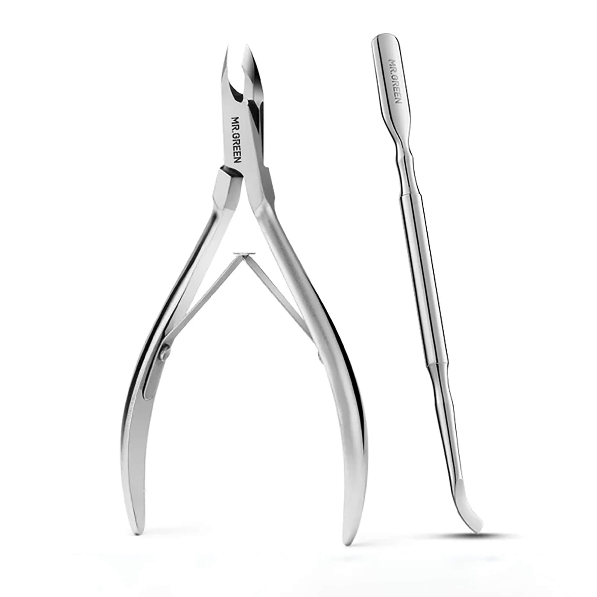 Set MR.GREEN: alicate corta cutículas 5 mm + empujador de cutículas de acero; packshot limpio sobre fondo blanco.