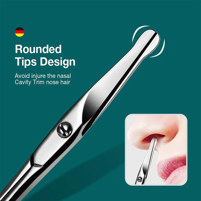 Tesoura MR.GREEN para pelos faciais com pontas arredondadas seguras; ideal para aparar pelos do nariz e áreas sensíveis; fundo verde.