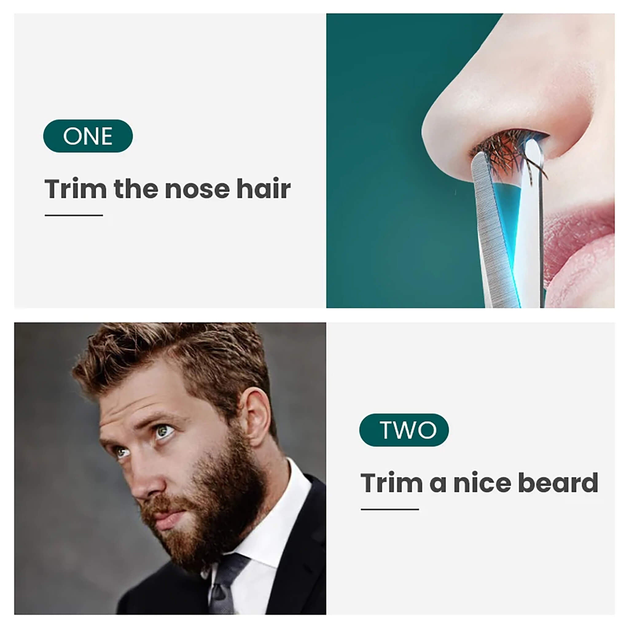 Tijeras MR.GREEN para vello nasal, puntas redondeadas y corte preciso; uso en nariz y perfilado de barba.