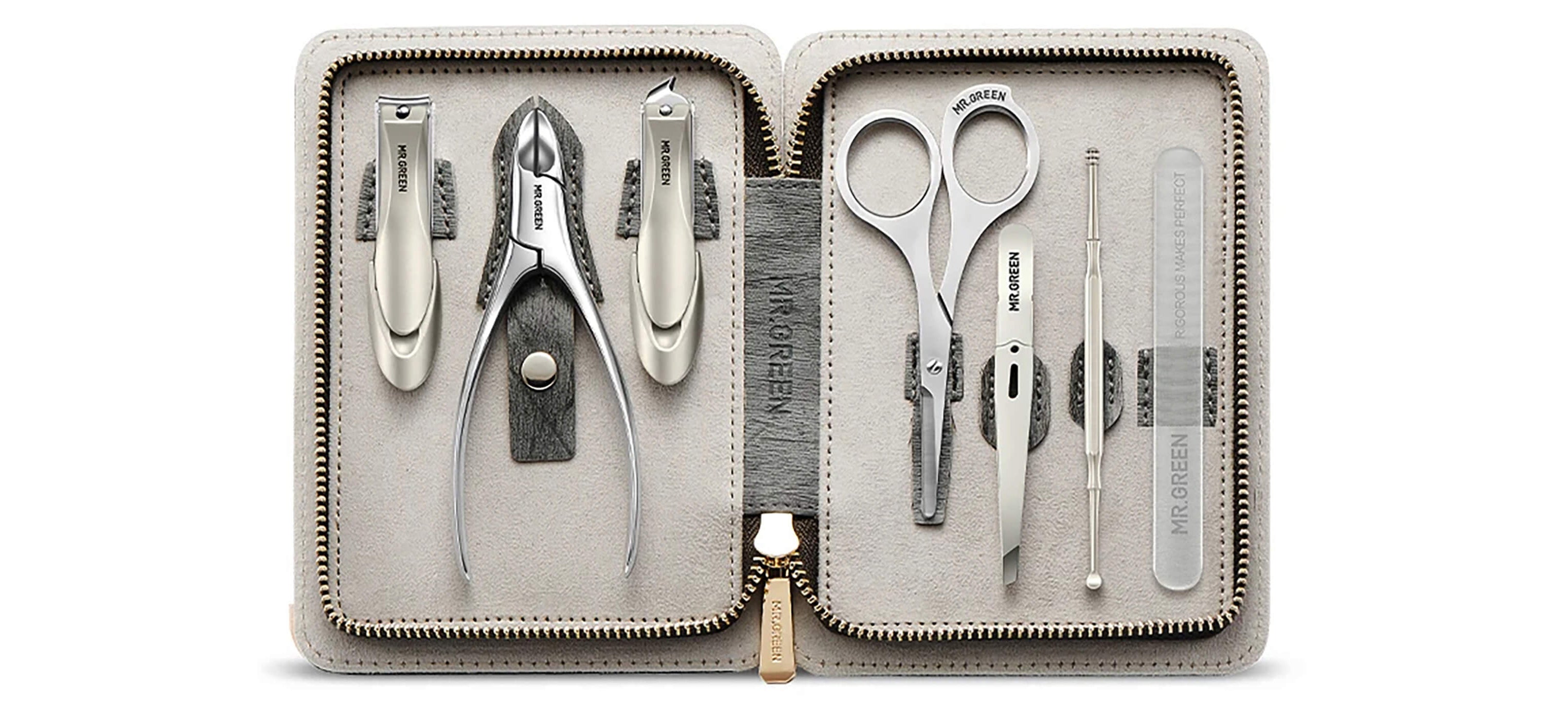 MR.GREEN 7-in-1 manicure set in beige leather zip case with stainless steel tools: nail clippers, nail nipper, scissors, tweezers, cuticle pusher and glass nail file